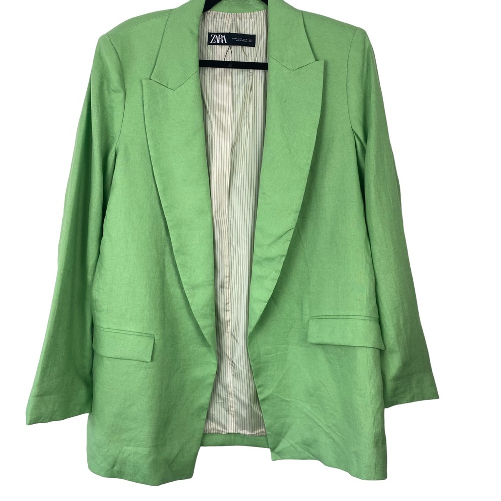 Zara Women's Sz M Green Linen Oversized Open Front Blazer Pockets